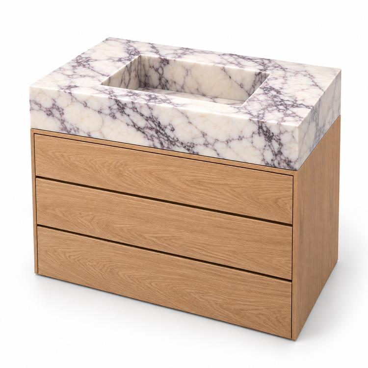 Lilac Integrated Marble Sink with Three-Drawer Oak Vanity, three-quarter view on white, design rendering