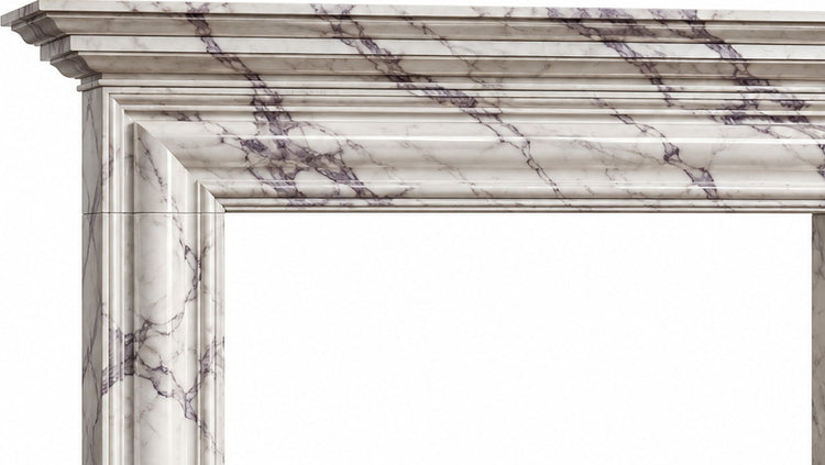 Lilac Layered Cornice Bolection Marble Fireplace Surround - upper mantel and carved profile detail