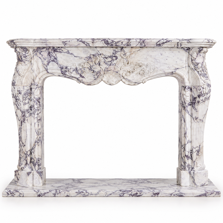 Lilac Louis XV Carved Marble Fireplace Mantel with Hearth on white background