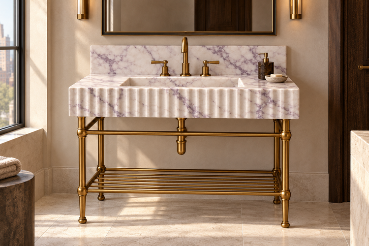 Lilac Marble Fluted Console Sink with Backsplash and Metal Legs and Rack Shelf, installed room hero, lifestyle design rendering