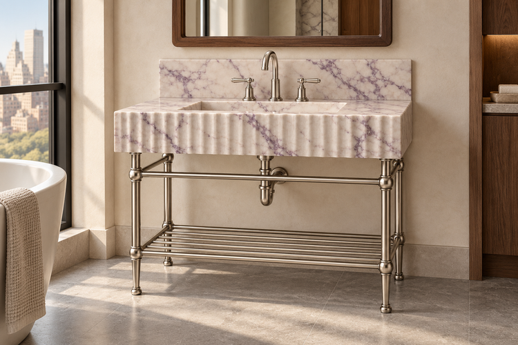 Lilac Marble Fluted Console Sink with Backsplash and Nickel Legs, installed room hero, lifestyle design rendering