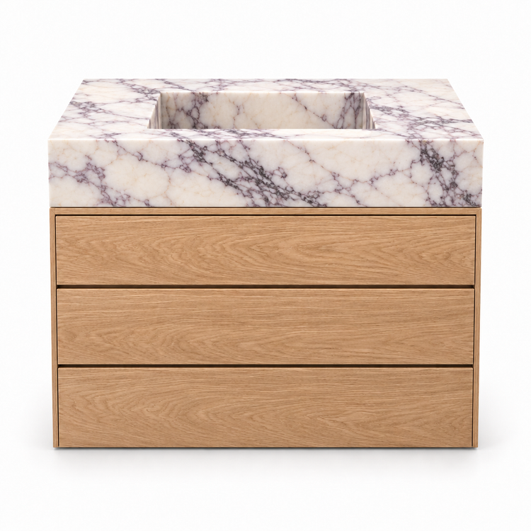 Lilac integrated sink and oak three-drawer vanity, front view