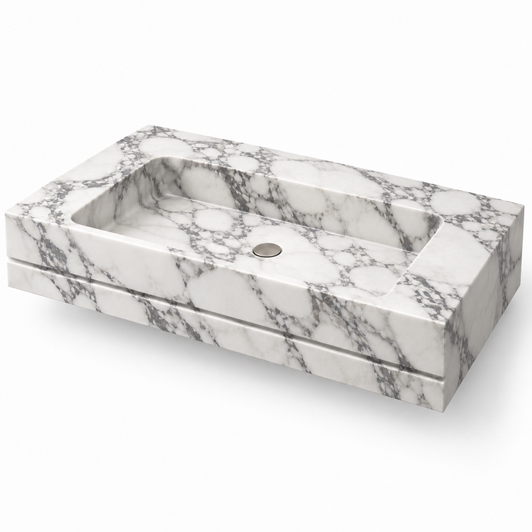 Linea Arabescato Shadow-Line Floating Marble Sink, three-quarter view on white, design rendering