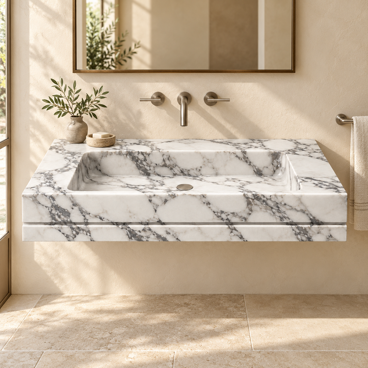 Linea Arabescato Shadow-Line Floating Marble Sink, styled bathroom view, design rendering