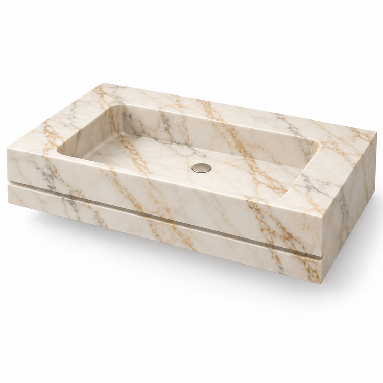 Linea Calacatta Gold Shadow-Line Floating Marble Sink, three-quarter view on white, design rendering