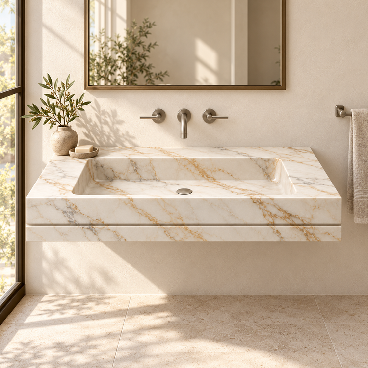 Linea Calacatta Gold Shadow-Line Floating Marble Sink, styled bathroom view, design rendering