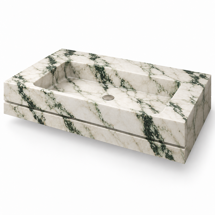 Linea Calacatta Green Shadow-Line Floating Marble Sink, three-quarter view on white, design rendering
