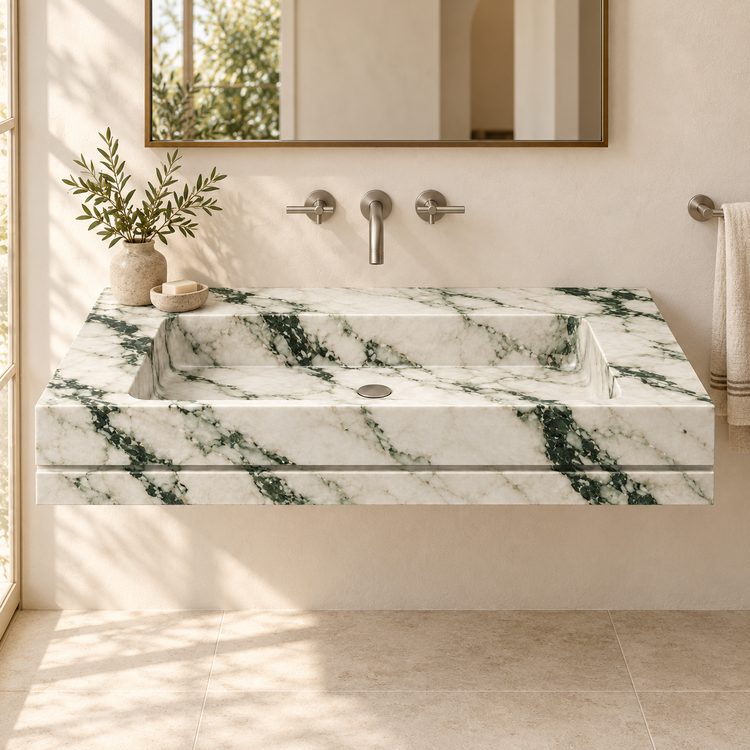 Linea Calacatta Green Shadow-Line Floating Marble Sink, styled bathroom view, design rendering