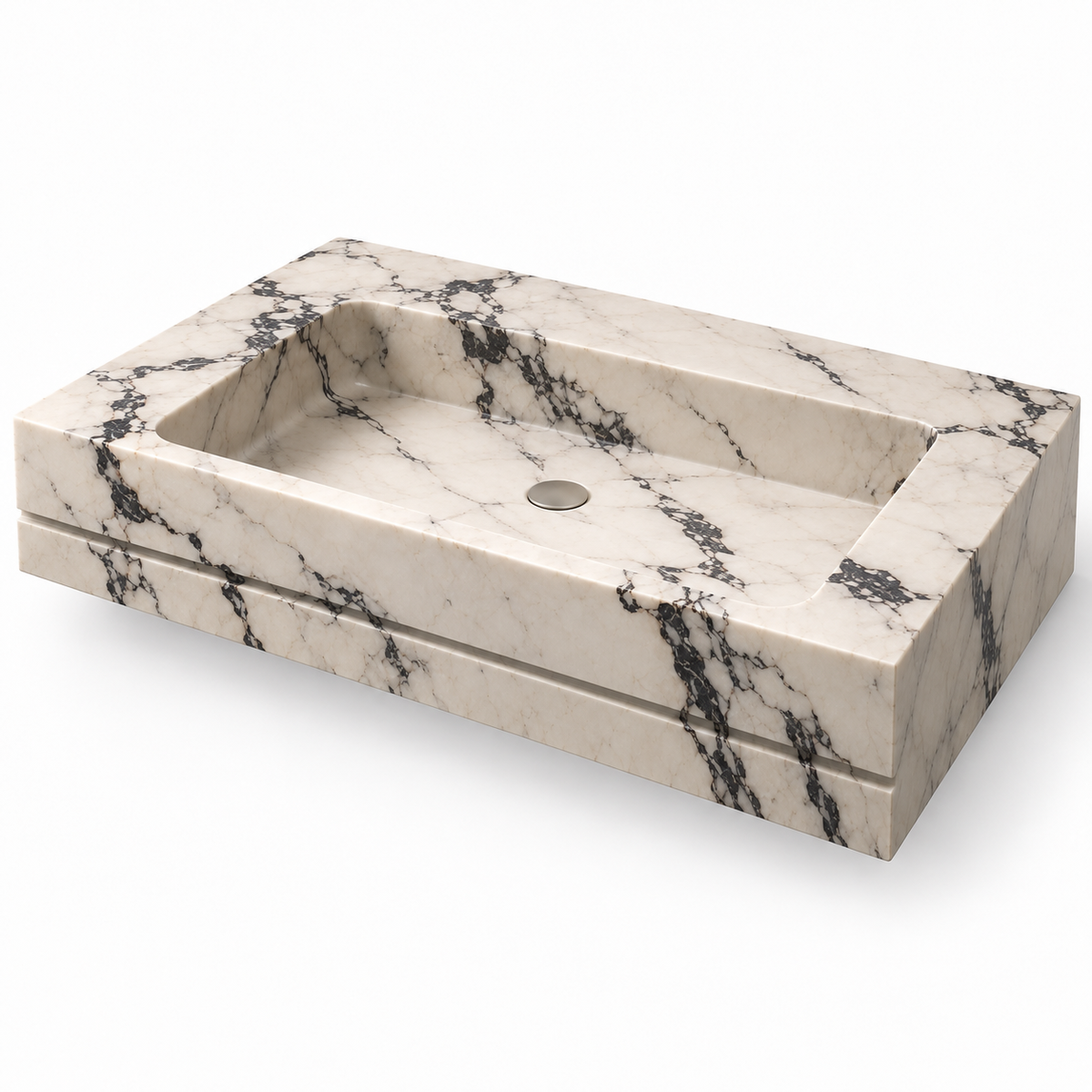 Linea Calacatta Viola Shadow-Line Floating Marble Sink, three-quarter view on white, design rendering