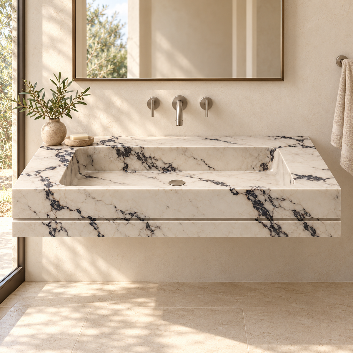 Linea Calacatta Viola Shadow-Line Floating Marble Sink, styled bathroom view, design rendering