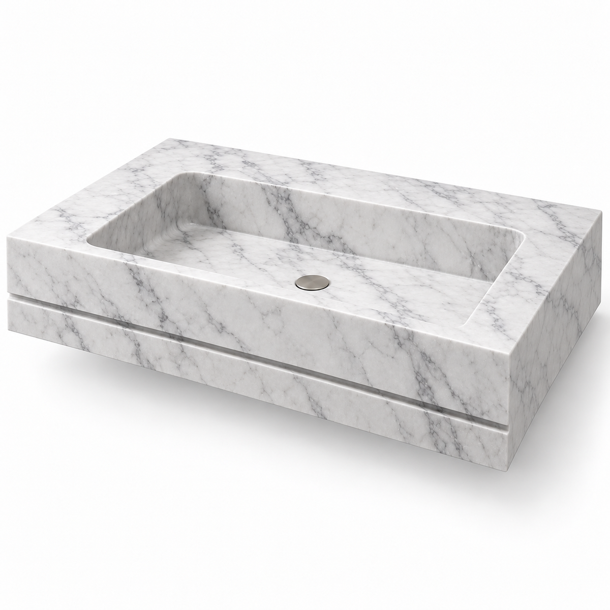 Linea Carrara Shadow-Line Floating Marble Sink, three-quarter view on white, design rendering