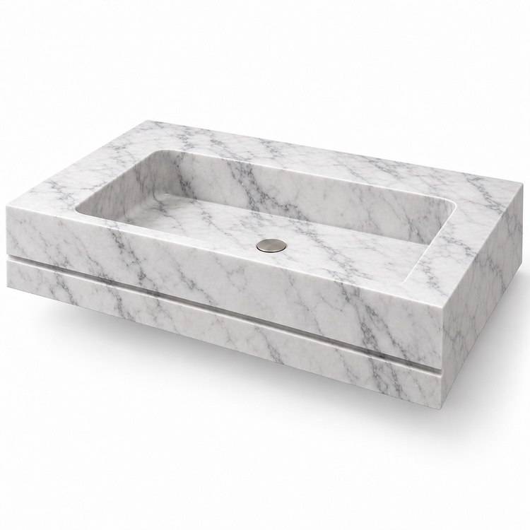 Linea Carrara Shadow-Line Floating Marble Sink, three-quarter view on white, design rendering