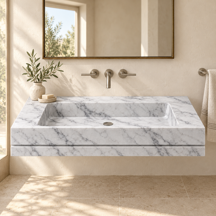 Linea Carrara Shadow-Line Floating Marble Sink, styled bathroom view, design rendering