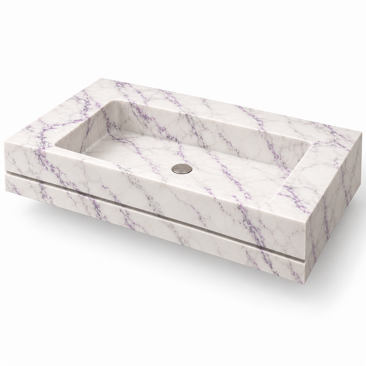 Linea Lilac Shadow-Line Floating Marble Sink, three-quarter view on white, design rendering