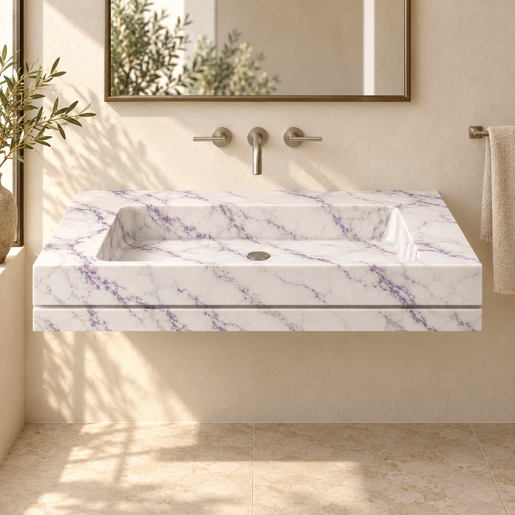 Linea Lilac Shadow-Line Floating Marble Sink, styled bathroom view, design rendering