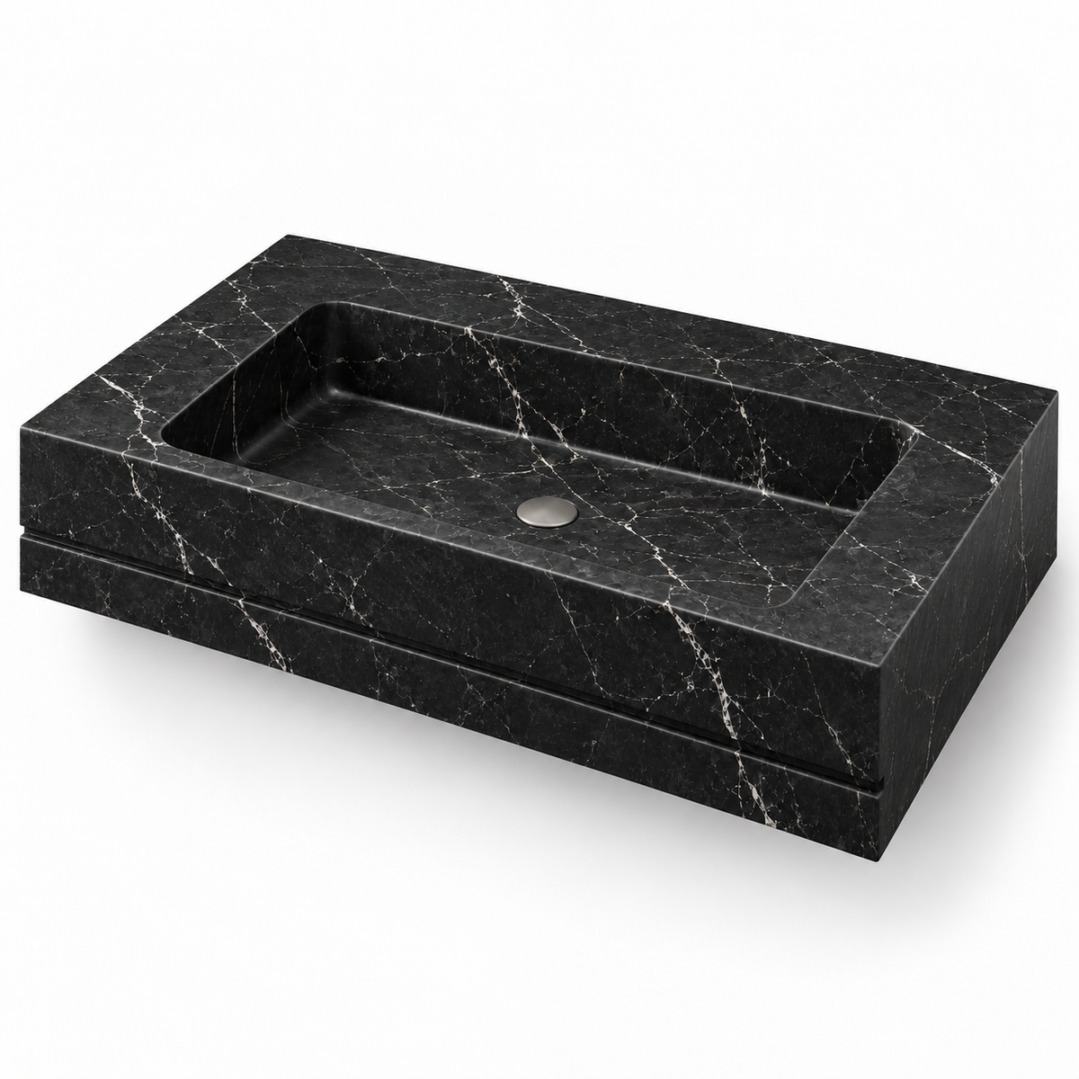 Linea Nero Marquina Shadow-Line Floating Marble Sink, three-quarter view on white, design rendering