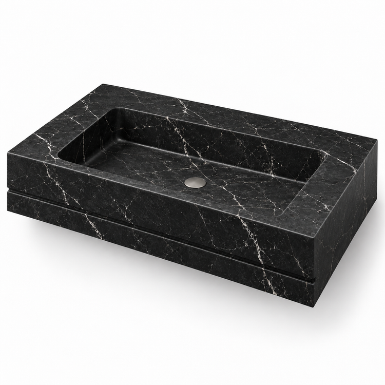 Linea Nero Marquina Shadow-Line Floating Marble Sink, three-quarter view on white, design rendering