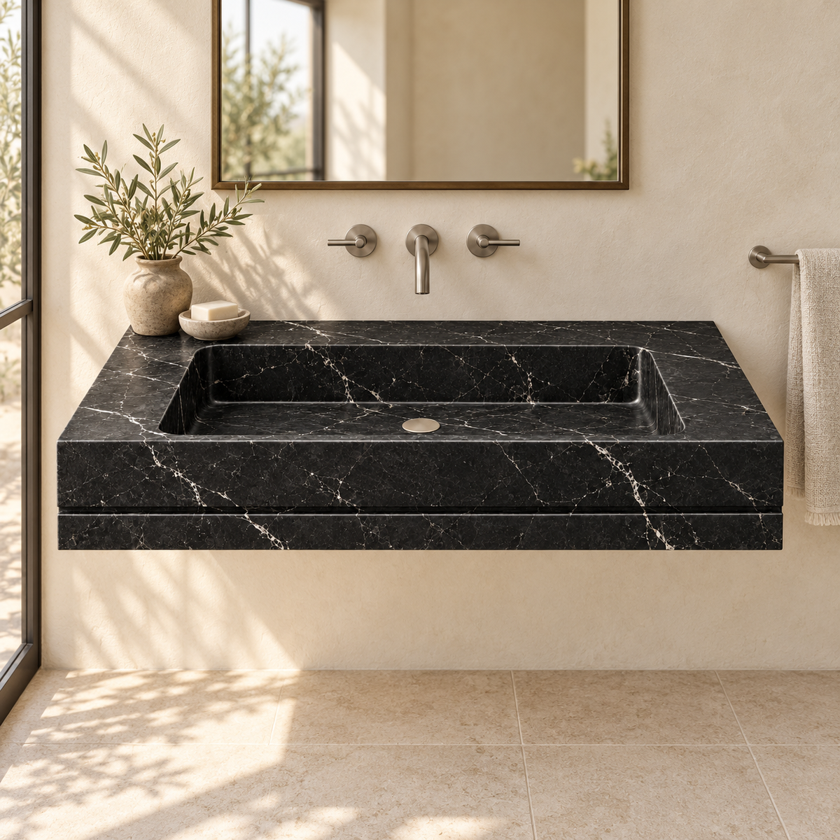 Linea Nero Marquina Shadow-Line Floating Marble Sink, styled bathroom view, design rendering