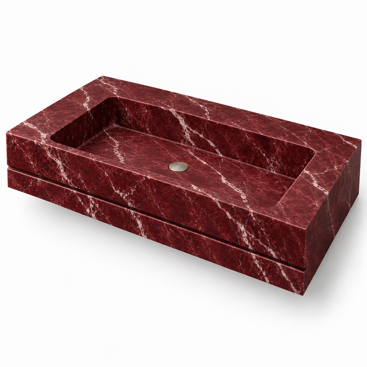 Linea Rosso Levanto Shadow-Line Floating Marble Sink, three-quarter view on white, design rendering