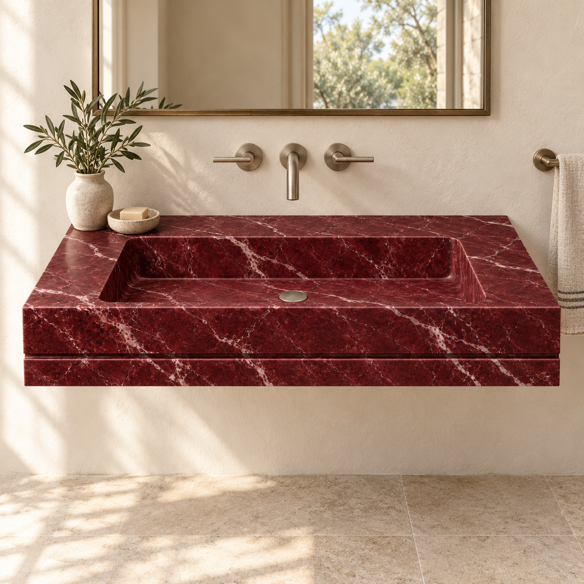 Linea Rosso Levanto Shadow-Line Floating Marble Sink, styled bathroom view, design rendering