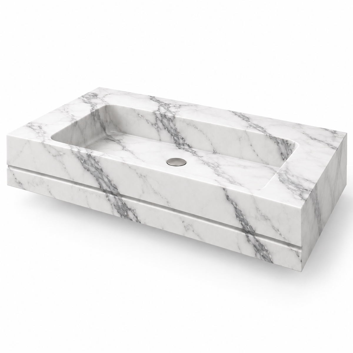 Linea Statuario Shadow-Line Floating Marble Sink, three-quarter view on white, design rendering