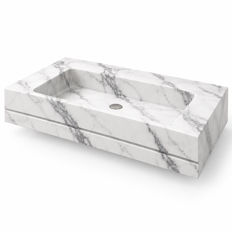 Linea Statuario Shadow-Line Floating Marble Sink, three-quarter view on white, design rendering