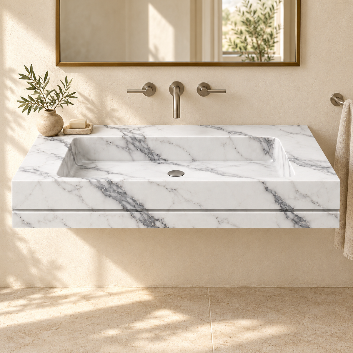 Linea Statuario Shadow-Line Floating Marble Sink, styled bathroom view, design rendering