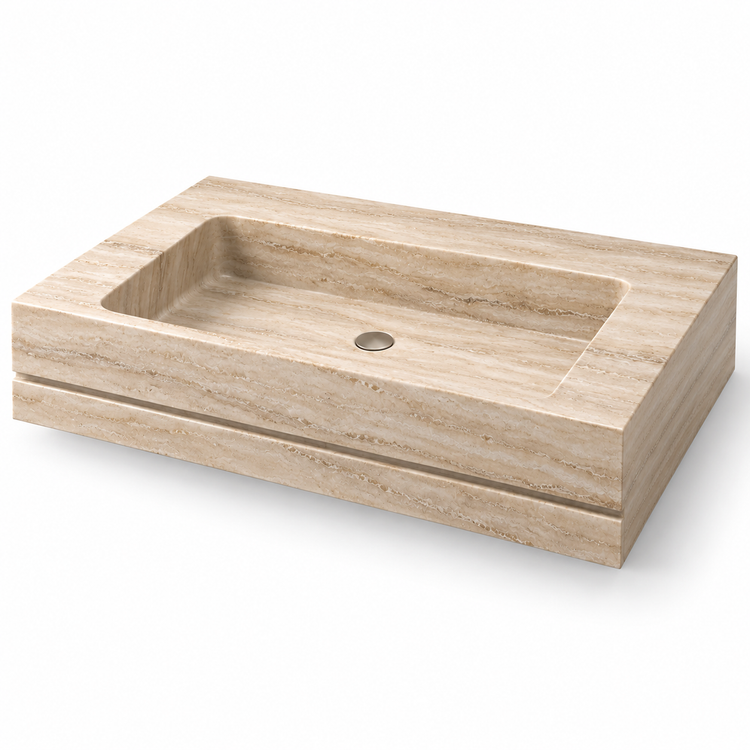 Linea Travertine Shadow-Line Floating Stone Sink, three-quarter view on white, design rendering
