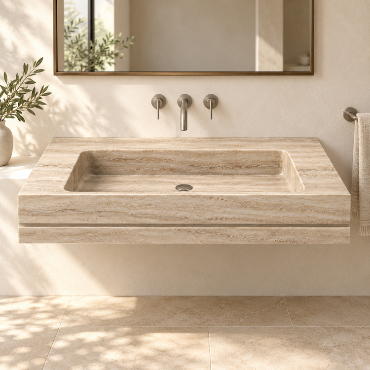 Linea Travertine Shadow-Line Floating Stone Sink, styled bathroom view, design rendering