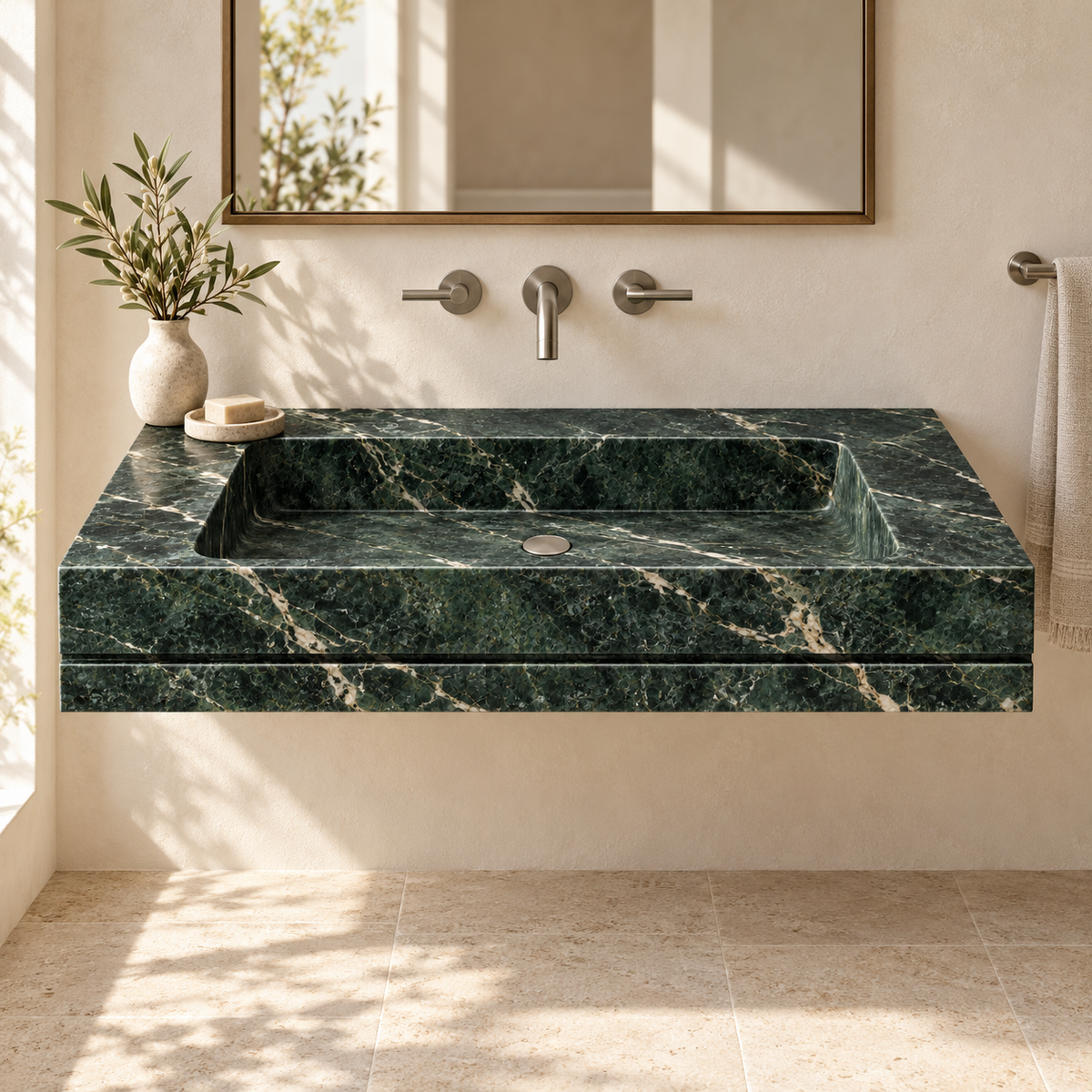 Linea Verde Alpi Shadow-Line Floating Marble Sink, styled bathroom view, design rendering