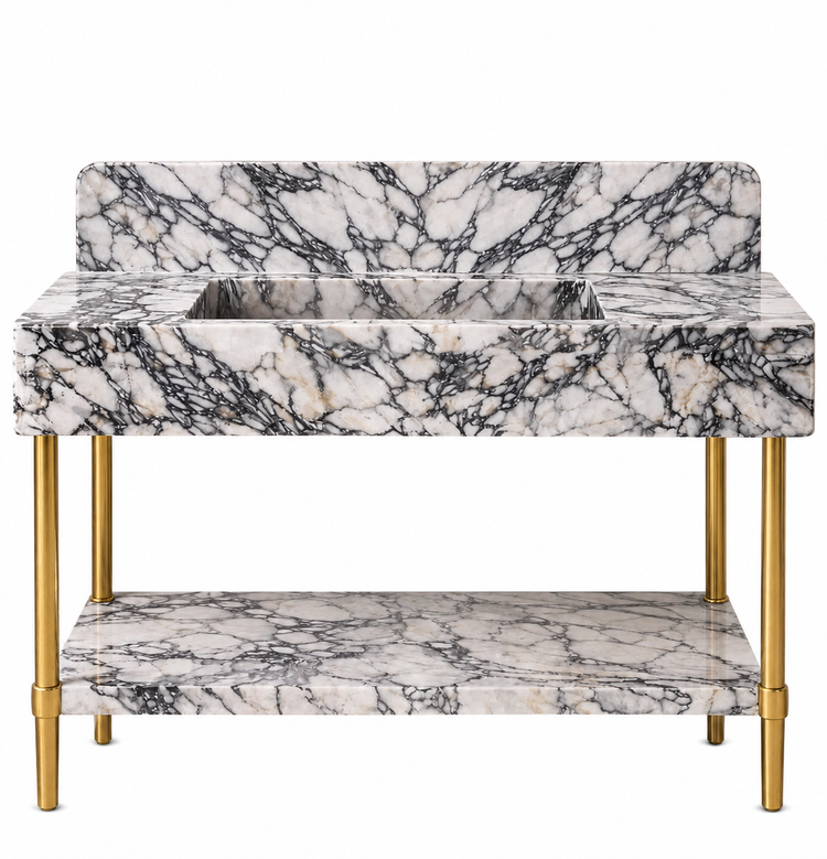 Calacatta Viola Marble Sink Vanity with Brass Legs and Shelf by Vero Marble
