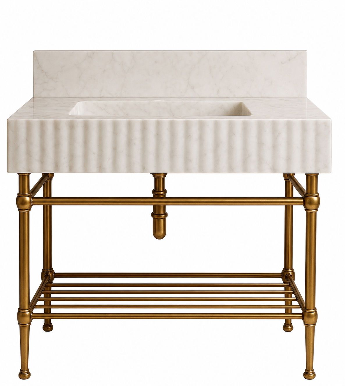 Carrara White Marble Vanity with Brass Legs and Metal Shelf by Vero Marble