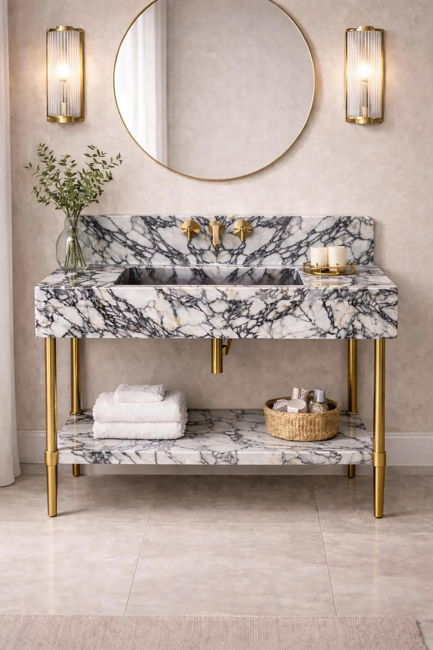 Handmade Calacatta Viola Marble Sink Vanity with Brass Legs and Shelf