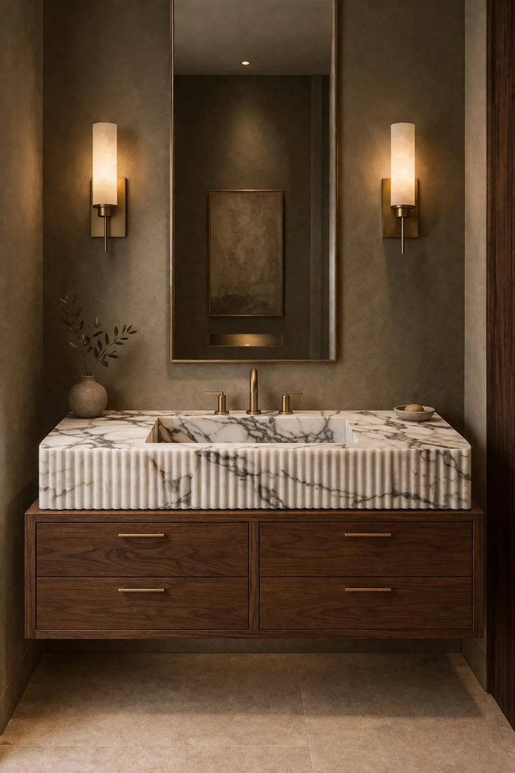 Fluted Calacatta Viola Marble Sink Vanity with Solid Wood Cabinet by Vero Marble