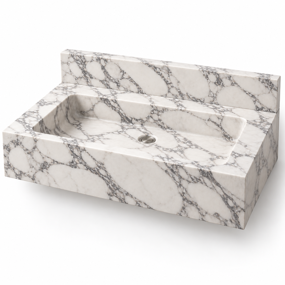 Monolith Arabescato Deep Apron Floating Marble Sink, three-quarter view on white, design rendering