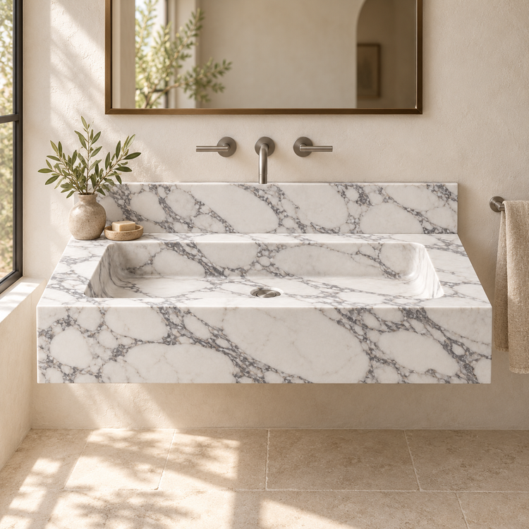 Monolith Arabescato Deep Apron Floating Marble Sink, styled bathroom view, design rendering