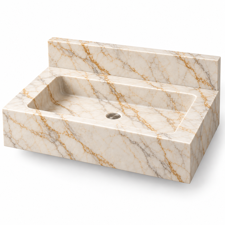 Monolith Calacatta Gold Deep Apron Floating Marble Sink, three-quarter view on white, design rendering