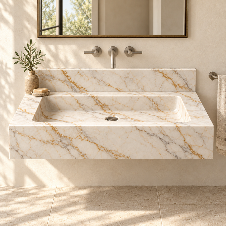 Monolith Calacatta Gold Deep Apron Floating Marble Sink, styled bathroom view, design rendering