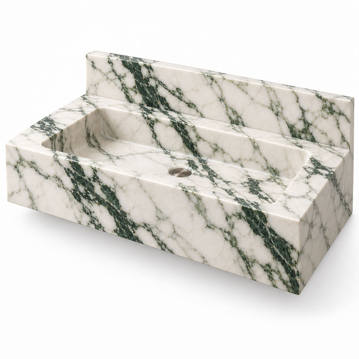 Monolith Calacatta Green Deep Apron Floating Marble Sink, three-quarter view on white, design rendering