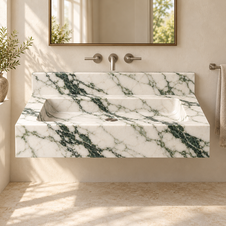 Monolith Calacatta Green Deep Apron Floating Marble Sink, styled bathroom view, design rendering