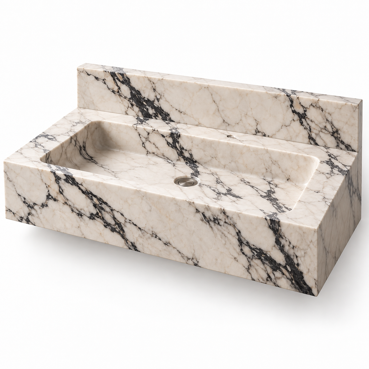 Monolith Calacatta Viola Deep Apron Floating Marble Sink, three-quarter view on white, design rendering