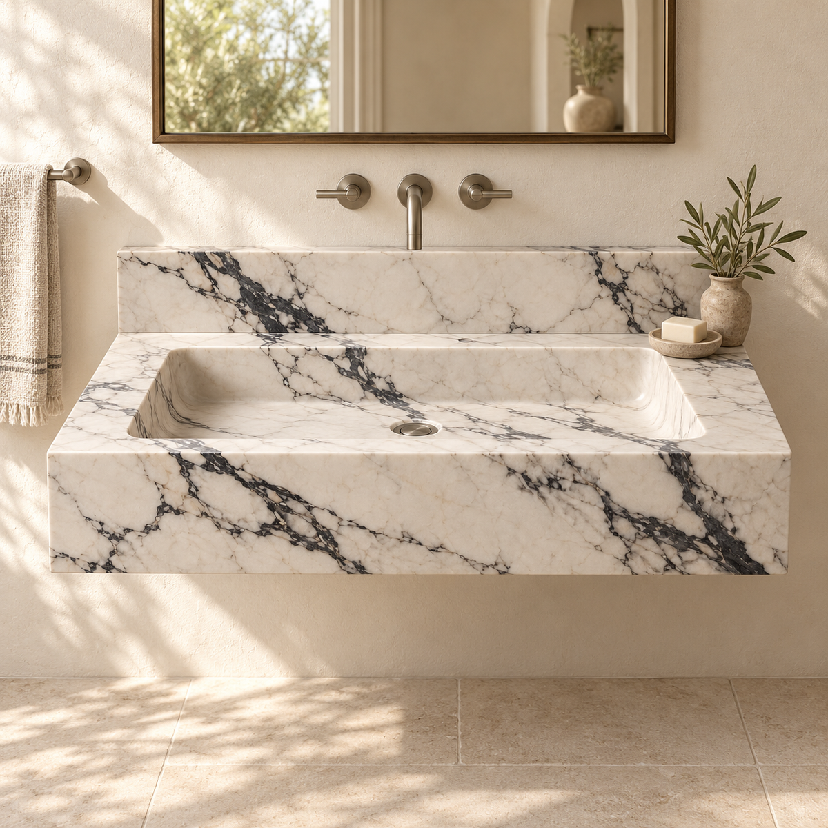 Monolith Calacatta Viola Deep Apron Floating Marble Sink, styled bathroom view, design rendering