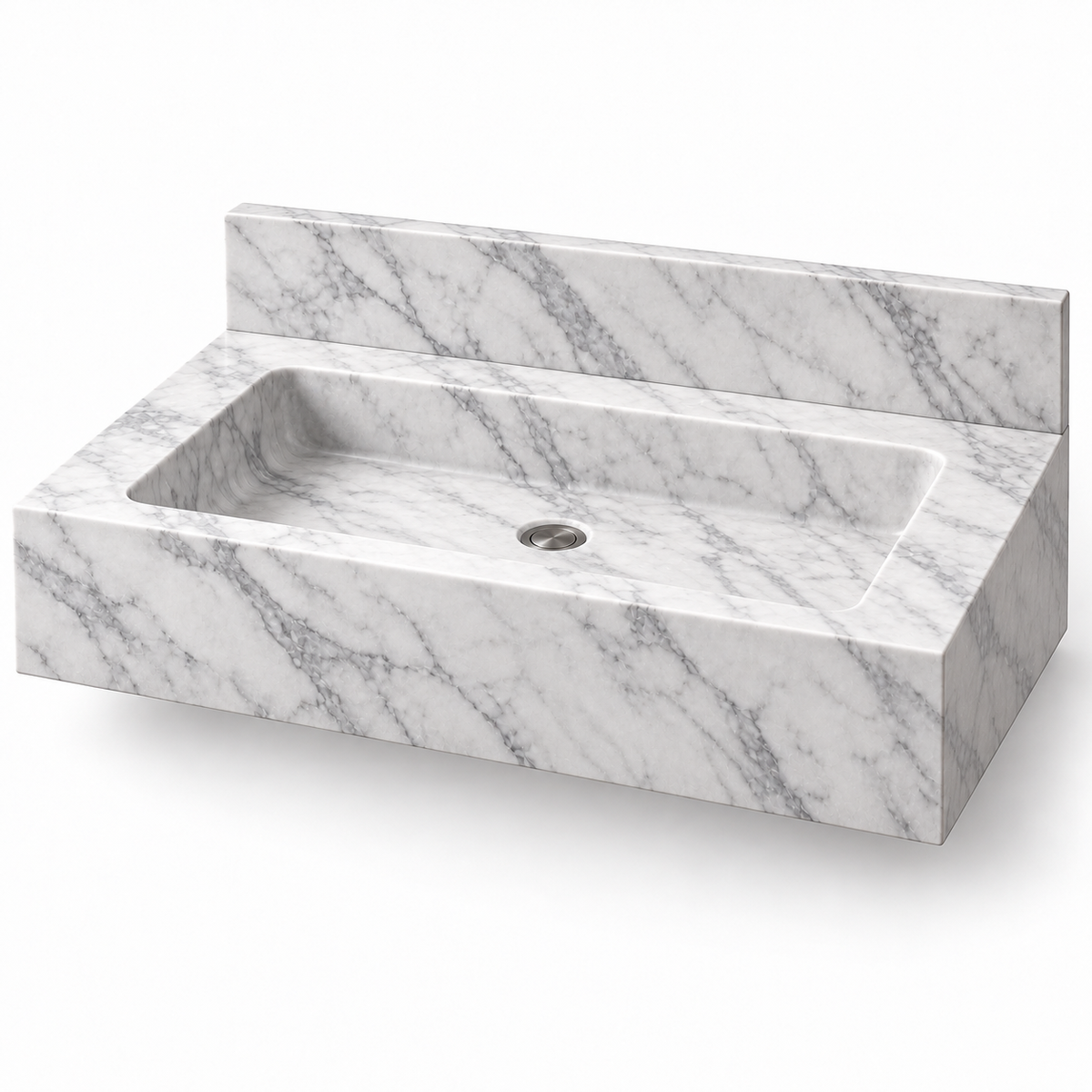 Monolith Carrara Deep Apron Floating Marble Sink, three-quarter view on white, design rendering