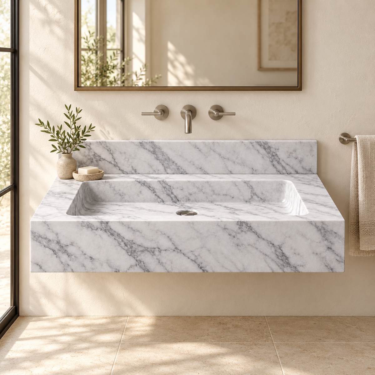 Monolith Carrara Deep Apron Floating Marble Sink, styled bathroom view, design rendering