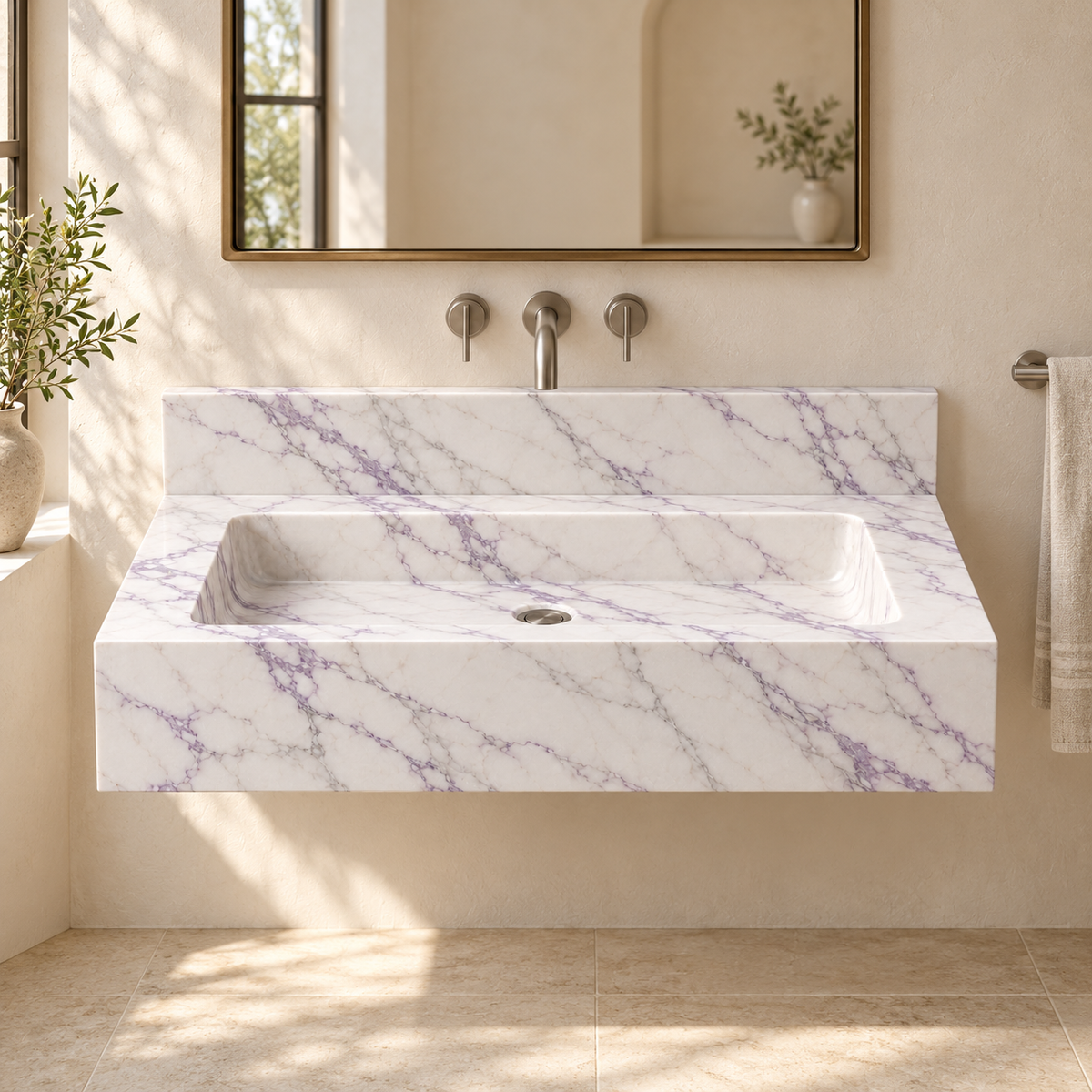 Monolith Lilac Deep Apron Floating Marble Sink, styled bathroom view, design rendering