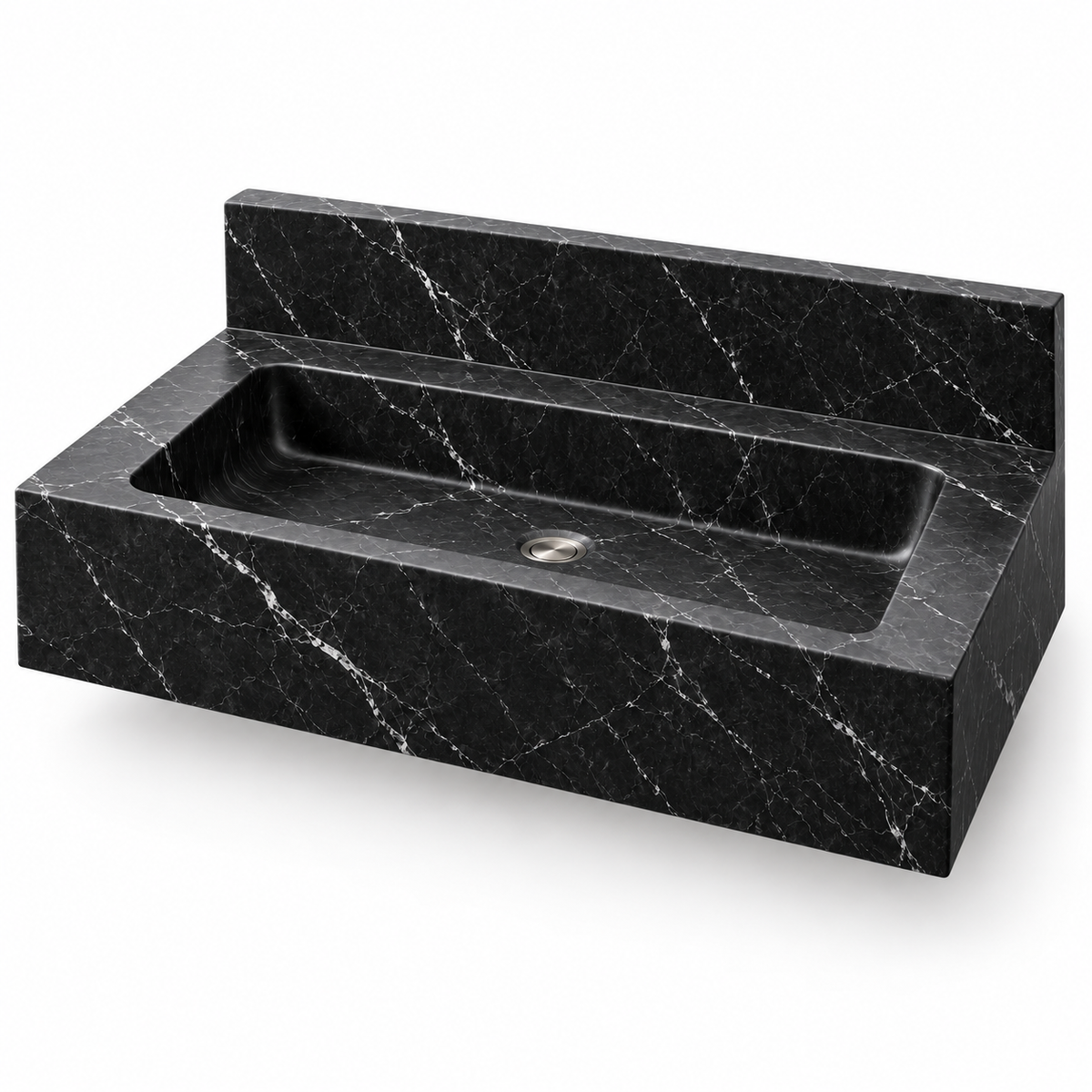 Monolith Nero Marquina Deep Apron Floating Marble Sink, three-quarter view on white, design rendering