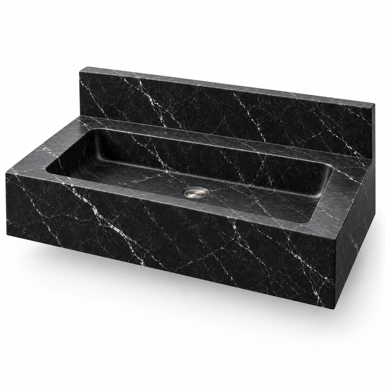 Monolith Nero Marquina Deep Apron Floating Marble Sink, three-quarter view on white, design rendering
