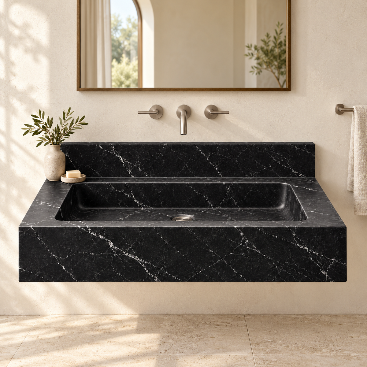 Monolith Nero Marquina Deep Apron Floating Marble Sink, styled bathroom view, design rendering