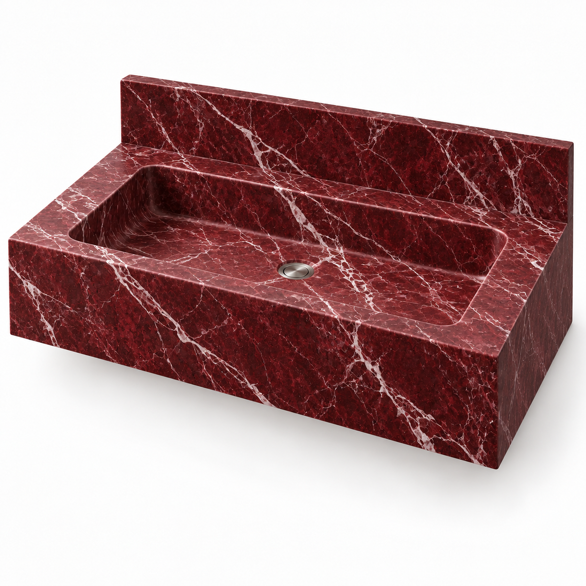 Monolith Rosso Levanto Deep Apron Floating Marble Sink, three-quarter view on white, design rendering