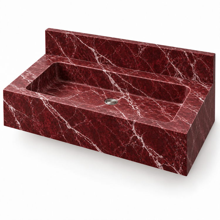 Monolith Rosso Levanto Deep Apron Floating Marble Sink, three-quarter view on white, design rendering